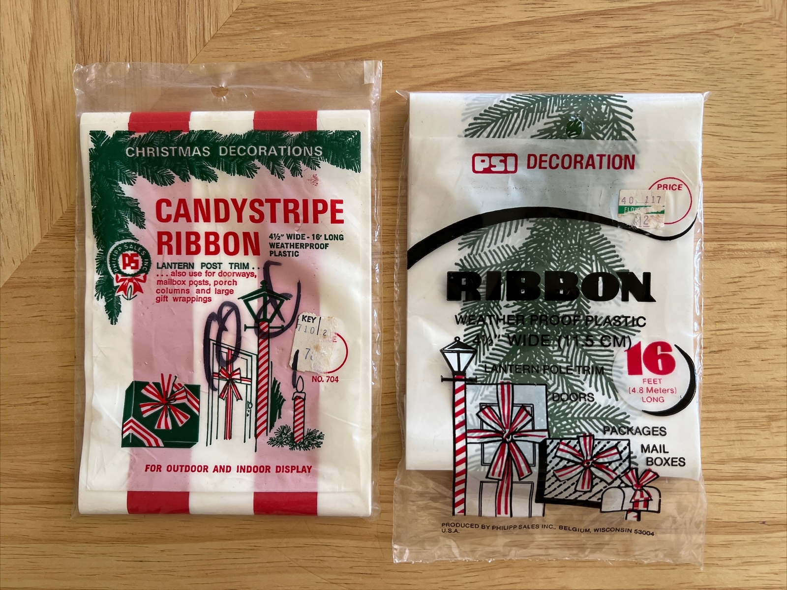 2 VTG Philipp Sales Inc PSI Decoration Christmas Ribbon Candystripe Pine Branch