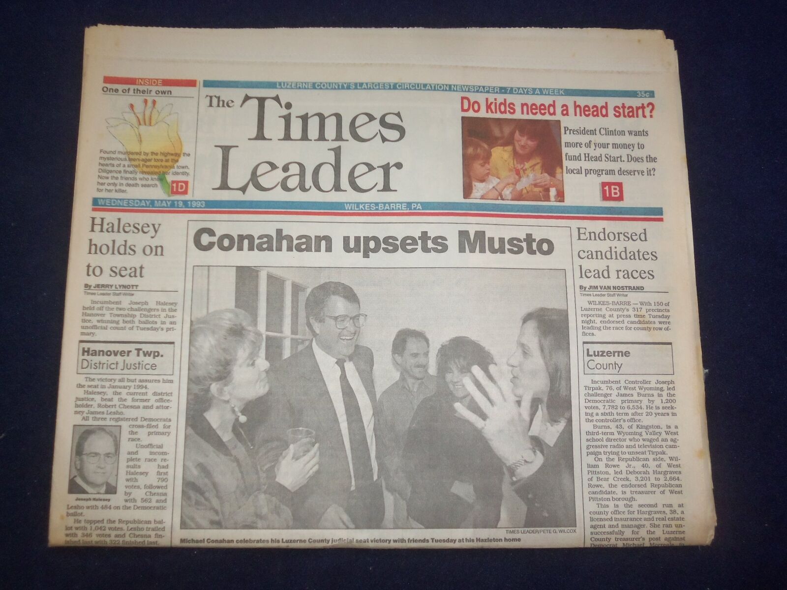 1993 MAY 19 WILKES-BARRE TIMES LEADER - MICHAEL CONAHAN UPSETS MUSTO- NP 8107