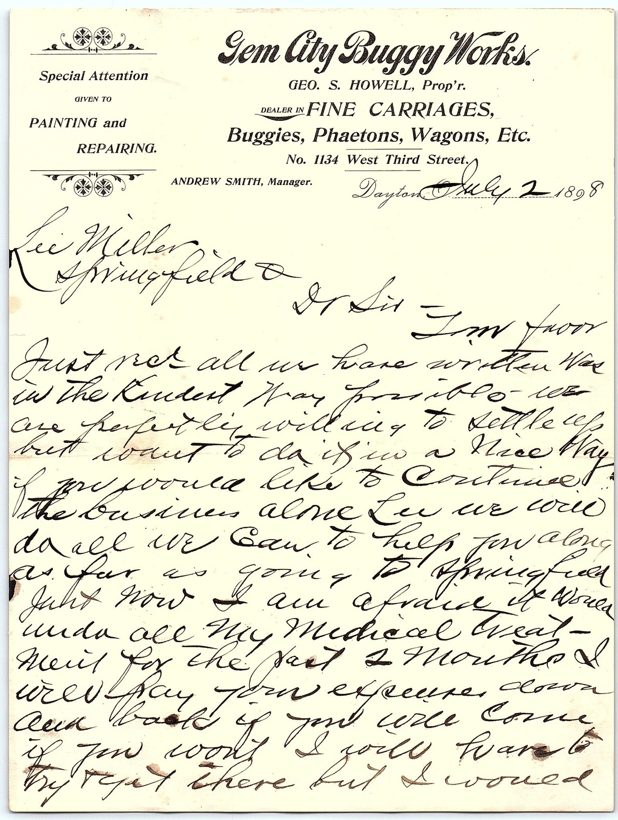 1898 Gem City Buggy Works billhead with handwritten letter