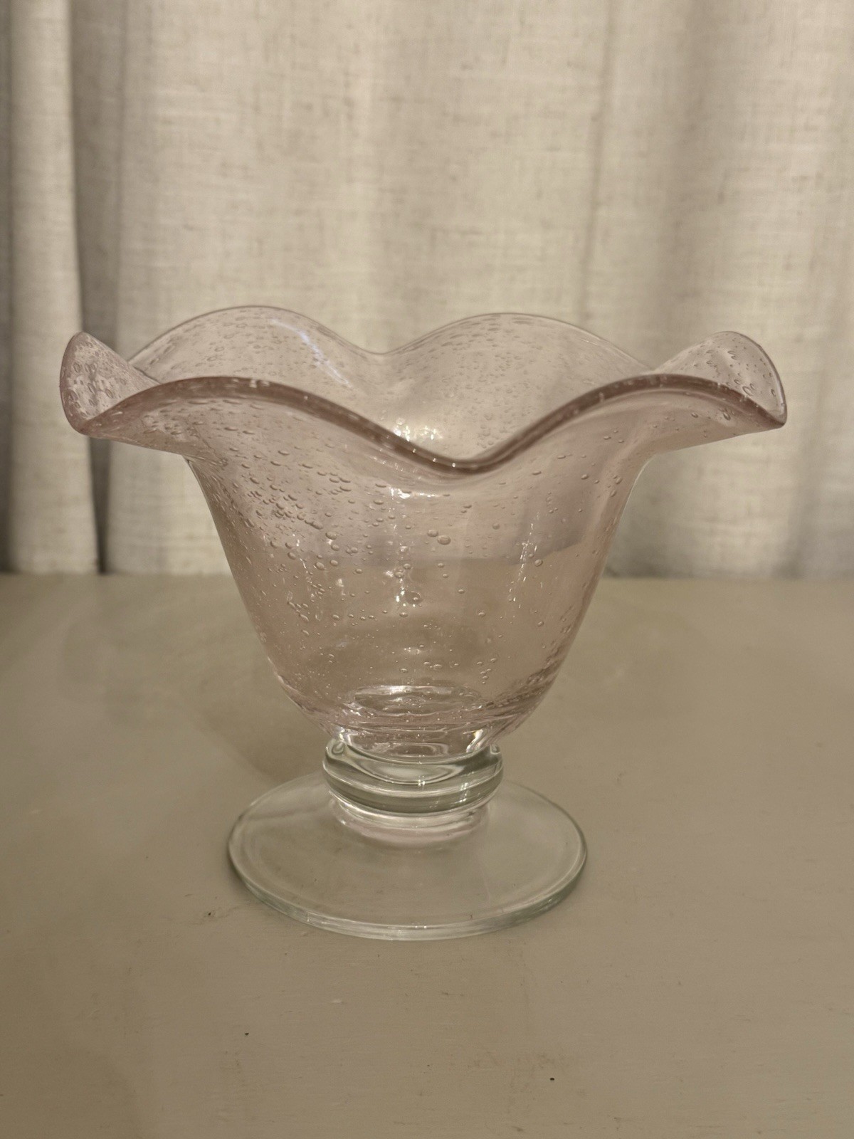 VINTAGE FTD Pink Bubble Glass Scalloped Ruffled Pedestal Vase Dish