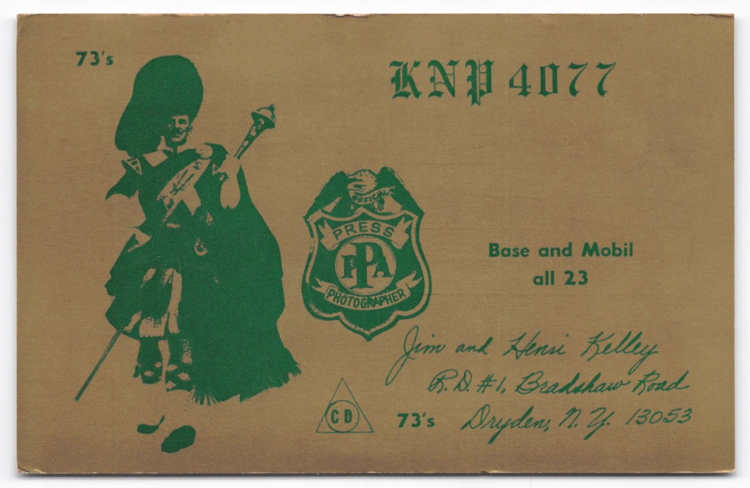 Vintage CB Radio QSL Postcard Scottish Piper KNP 4077 Dryden NY Jim Heidt Vintage CB Radio QSL Postcard Scottish Piper KNP 4077 Dryden NY Jim Heidt