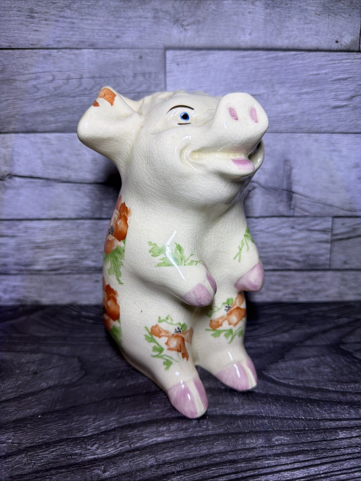 Vintage CHIC Pottery Standing Pig Piggy Bank Floral Cherry Blossom Crazing