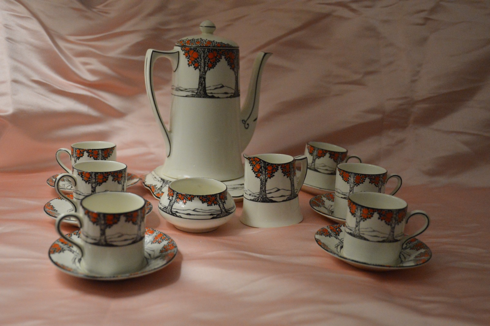 Antique Crown Ducal Art Deco Orange Tree Coffee Set 10 pc 1920's