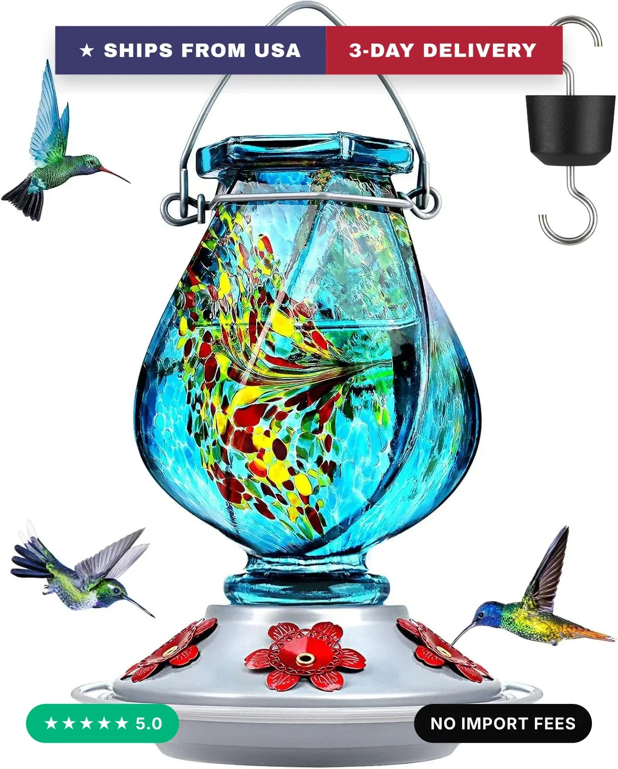 Hummingbird Feeder, Hand Blown Glass Hummingbird Feeders for Outdoors Hanging, w