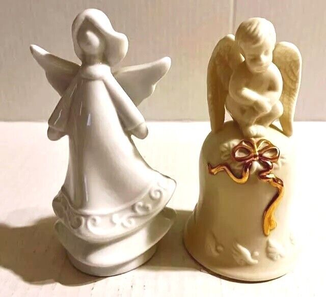 2 Angel Figurines one Ceramic and one Cherub on Bell Christmas Decorations