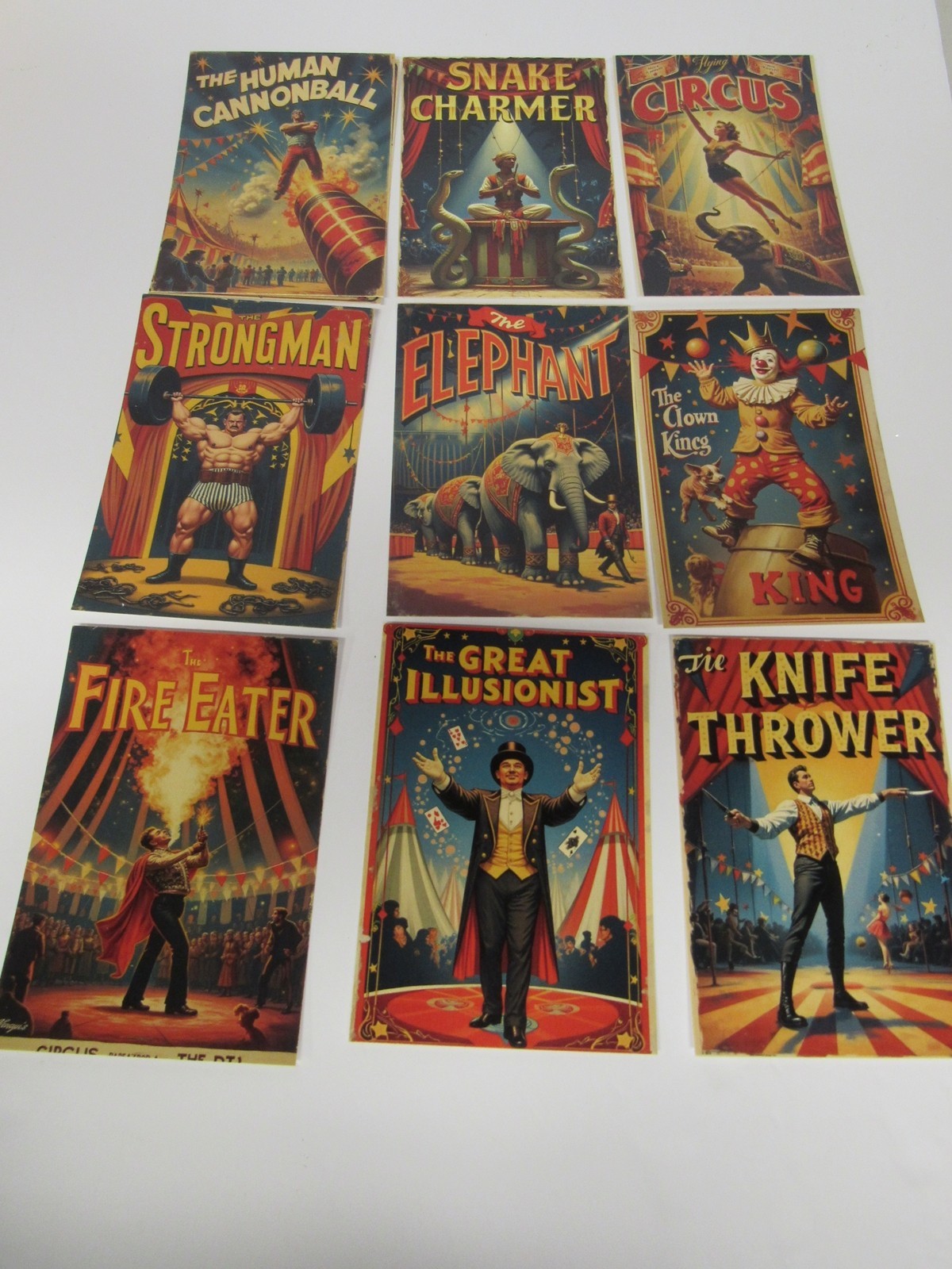 New Set Of 9 Big Top Circus Performers Poster Image Cards 5 3/4