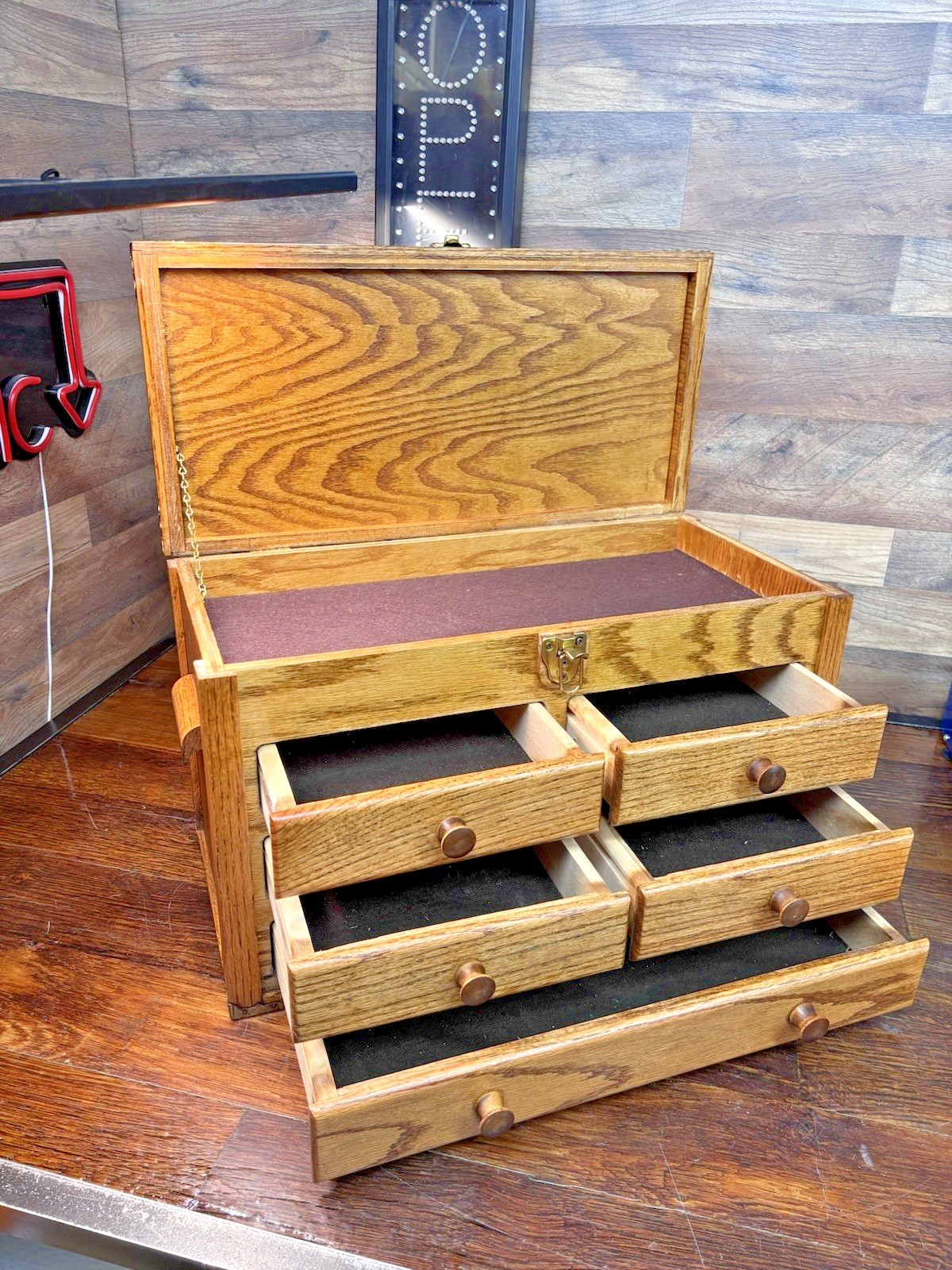 Vintage Wood Machinist Wooden Toolbox Chest 5 Drawers Storage 22