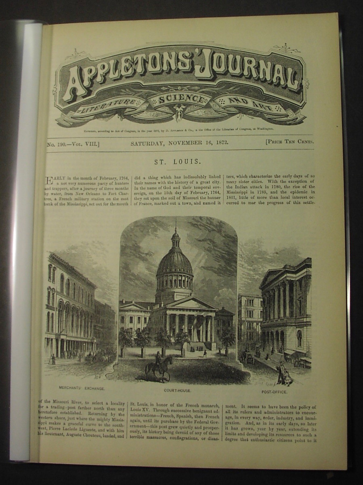 1872- ST. LOUIS, article & 7 views: The Levee; United Methodist; Shaw\'s Gardens+