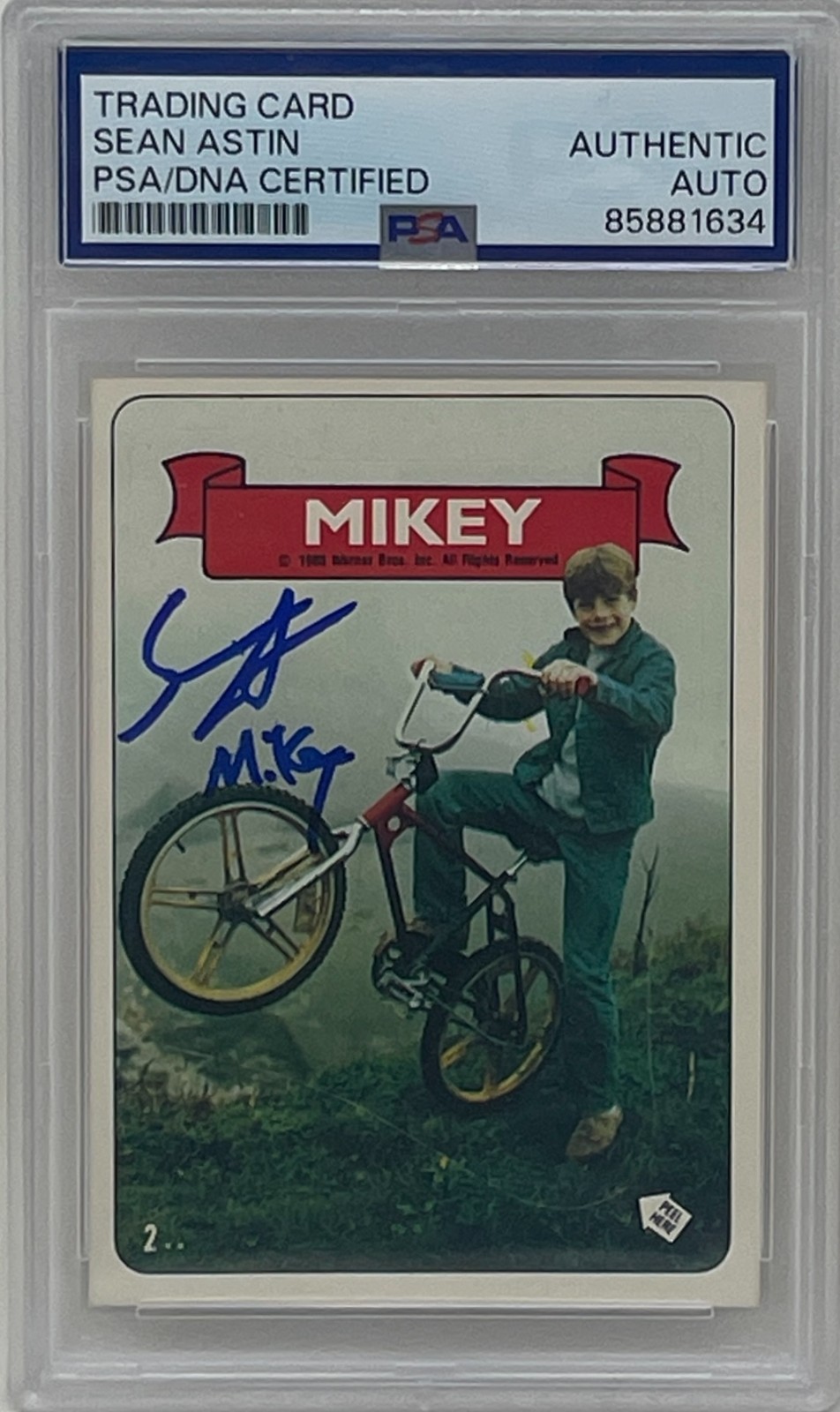 Sean Astin Signed 1985 Topps Mikey Goonies Movie Sticker Trading Card #2 PSA/DNA