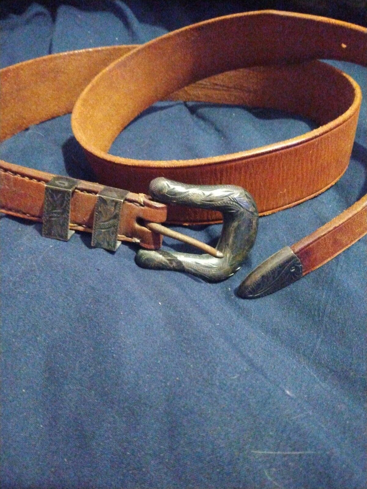 Vintage DON RICARDO STERLING BELT BUCKLE SET Brown Leather Belt Good Condition 