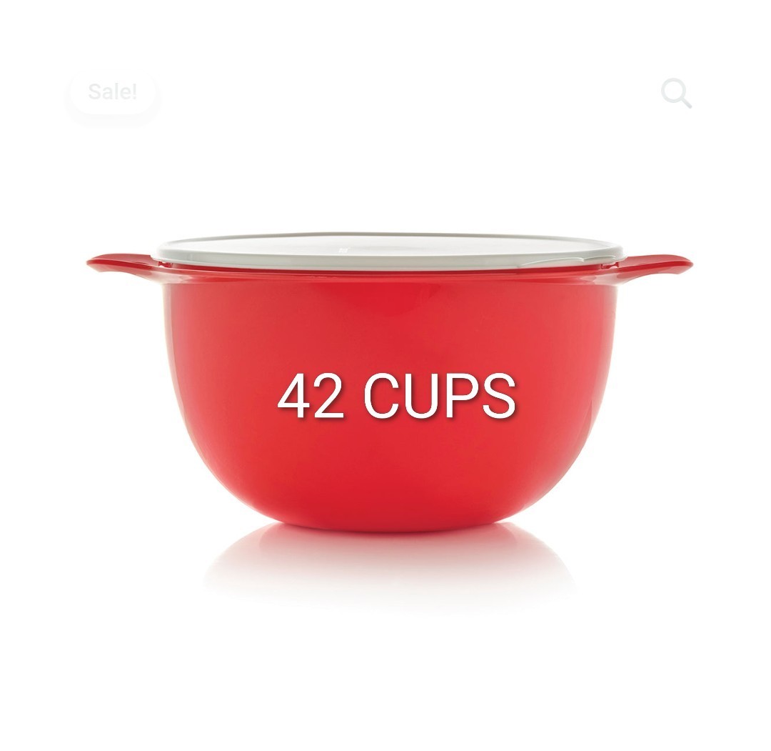 Tupperware Thatsa Mega Bowl Mixing Bowl 42 Cup w/2 Helper Loop Handles RED/WHITE