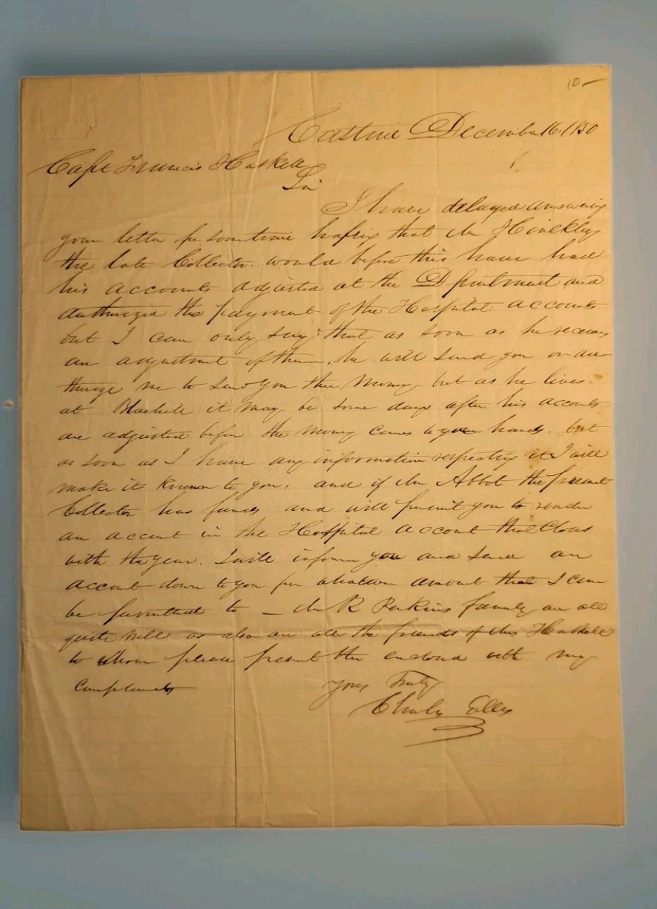 1850 Castine Maine Maritime Letter Capt Francis Haskell US Customs Hospital Fund
