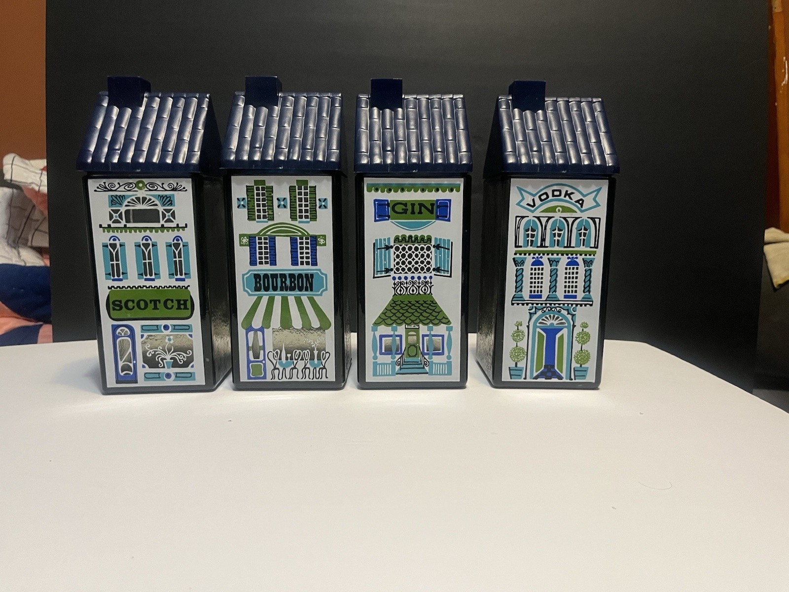 Vintage 1960s Wheaton Glass Nuline Row House Liquor Bottle Set in Blue MCM