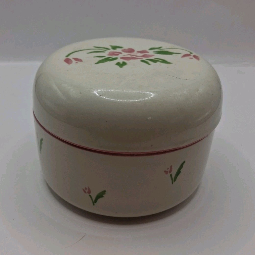 Vintg 1985 Teleflora ceramic trinket dish, powder jar, painted pink floral motif Vintg 1985 Teleflora ceramic trinket dish, powder jar, painted pink floral motif