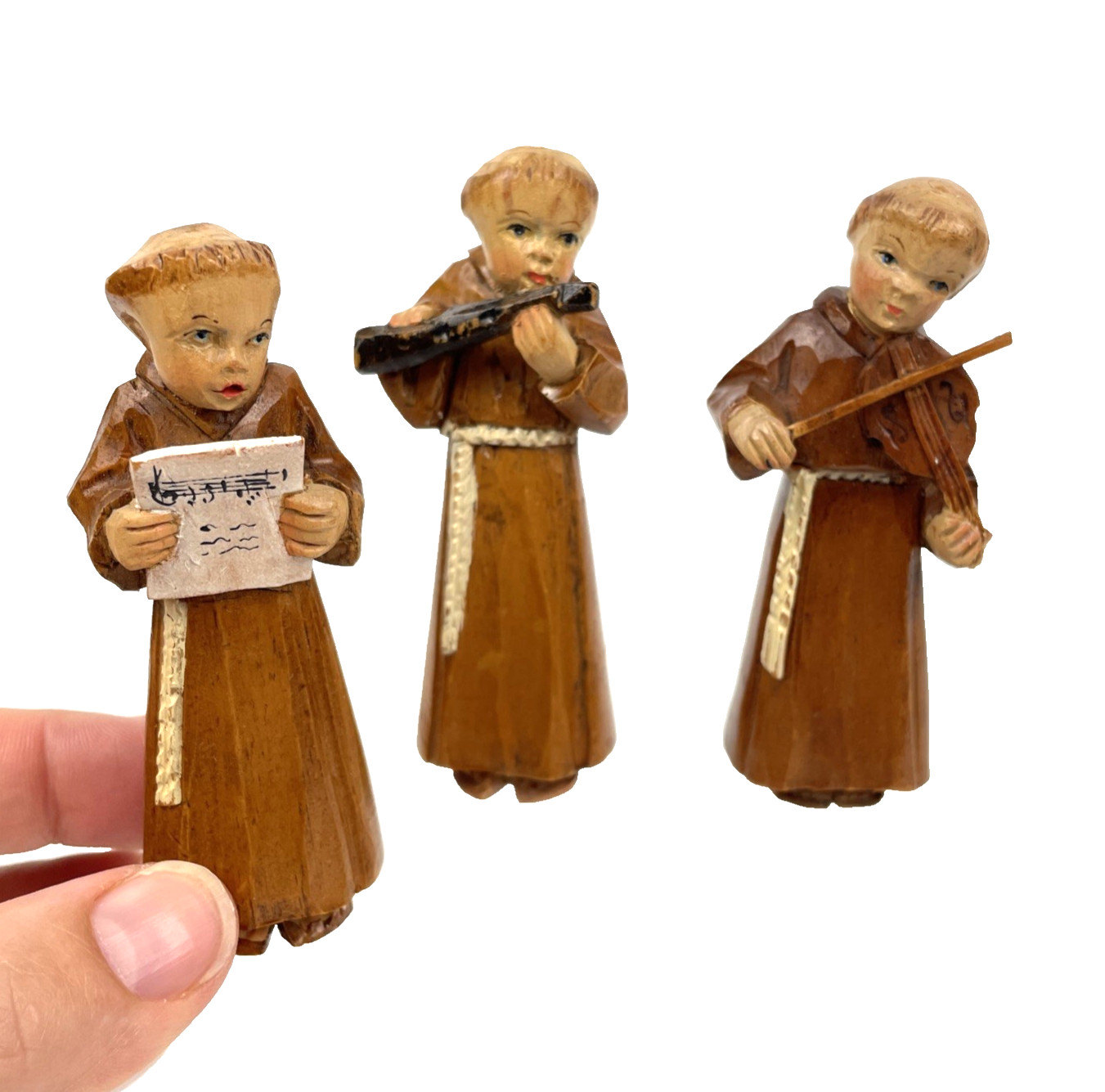 VTG Anri Style Carved Wood Monk Friar Musical Figurines Set Band Violin Flute
