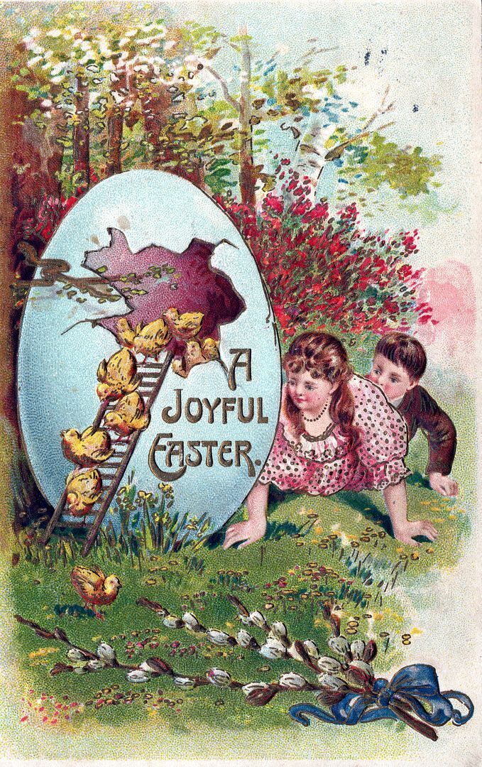 EASTER - Children Trying To See Chicks Going Up Ladder Into Egg Postcard - 1909