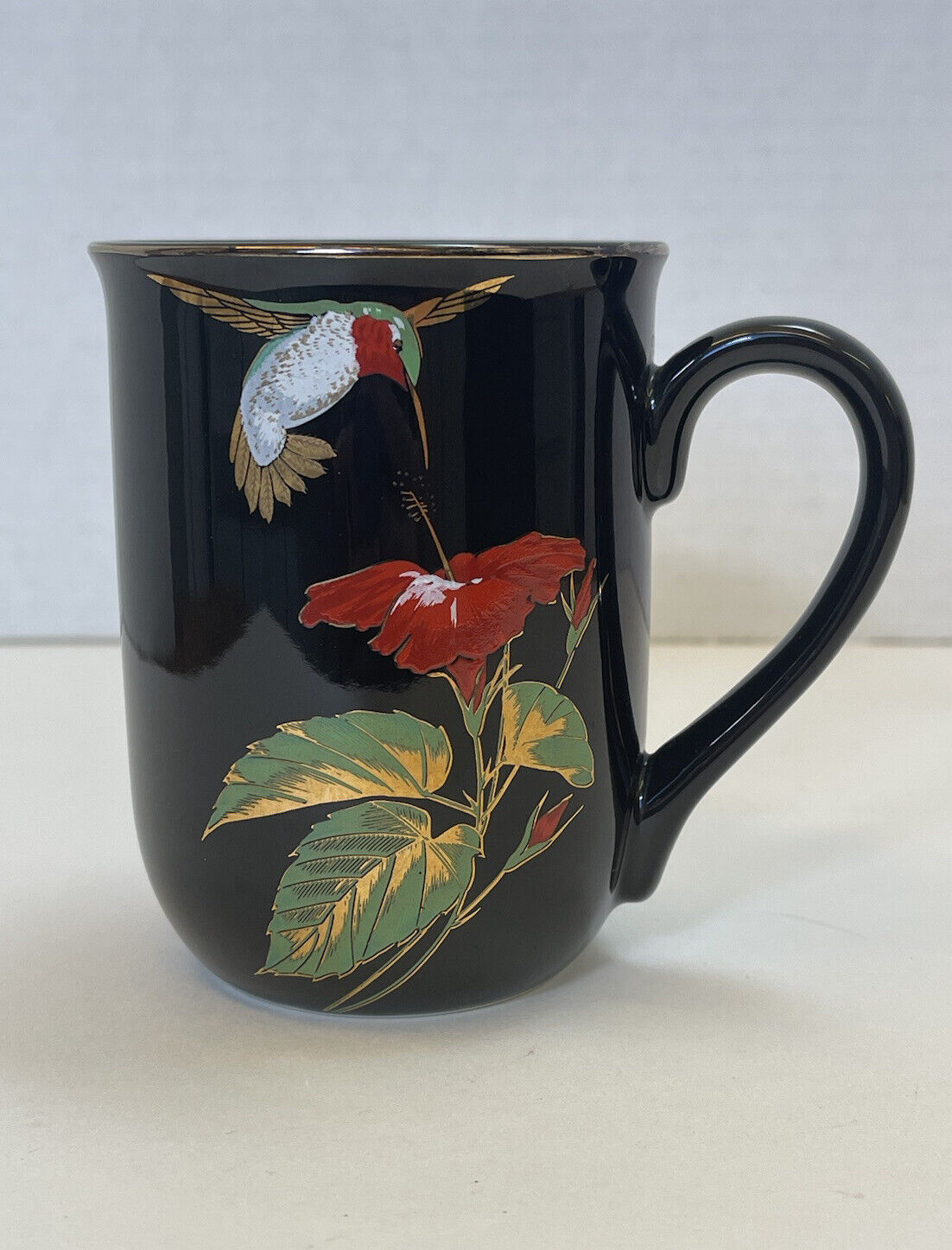 Otagiri Hummingbird Hibiscus Coffee Mug Cup Black With Gold Rim Japan EUC