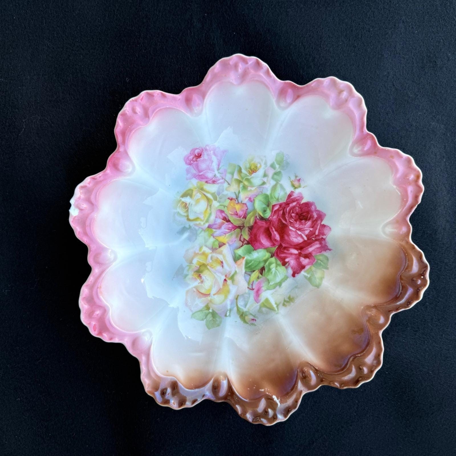 Antique Germany Hand Painted Floral Porcelain Bowl Pink Scalloped 9\