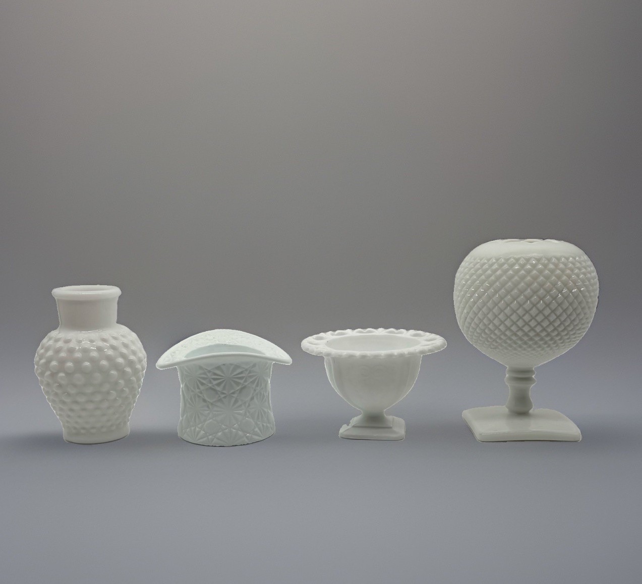 Vintage Fenton & Westmoreland  Hobnail Milk Glass Lot Hat, Vase, Compote, Rose