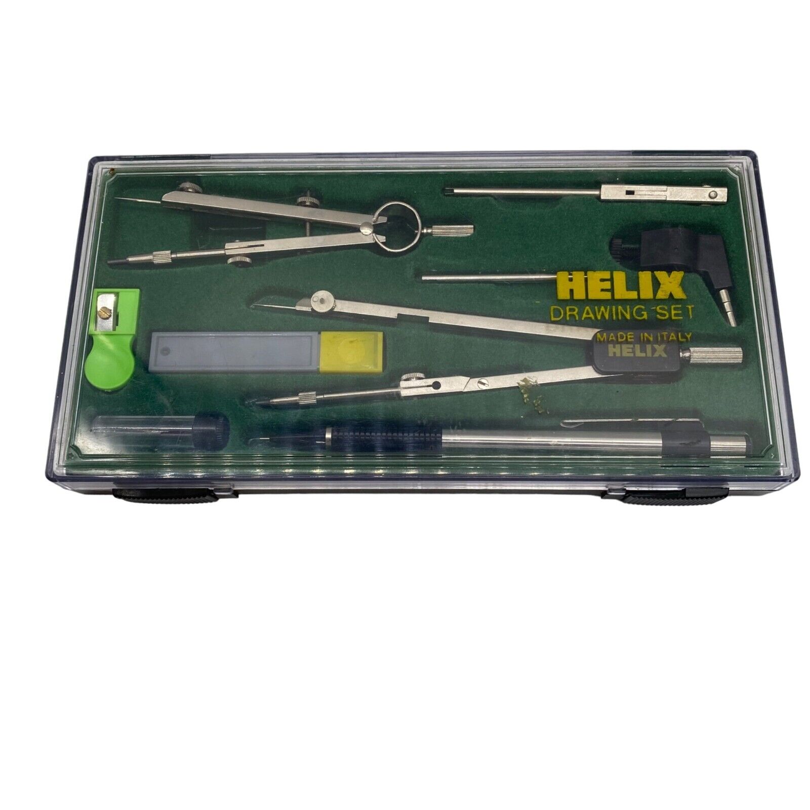 Vintage HELIX 9-Piece DRAWING SET Made In Italy Small & Large Compasses w/ Case