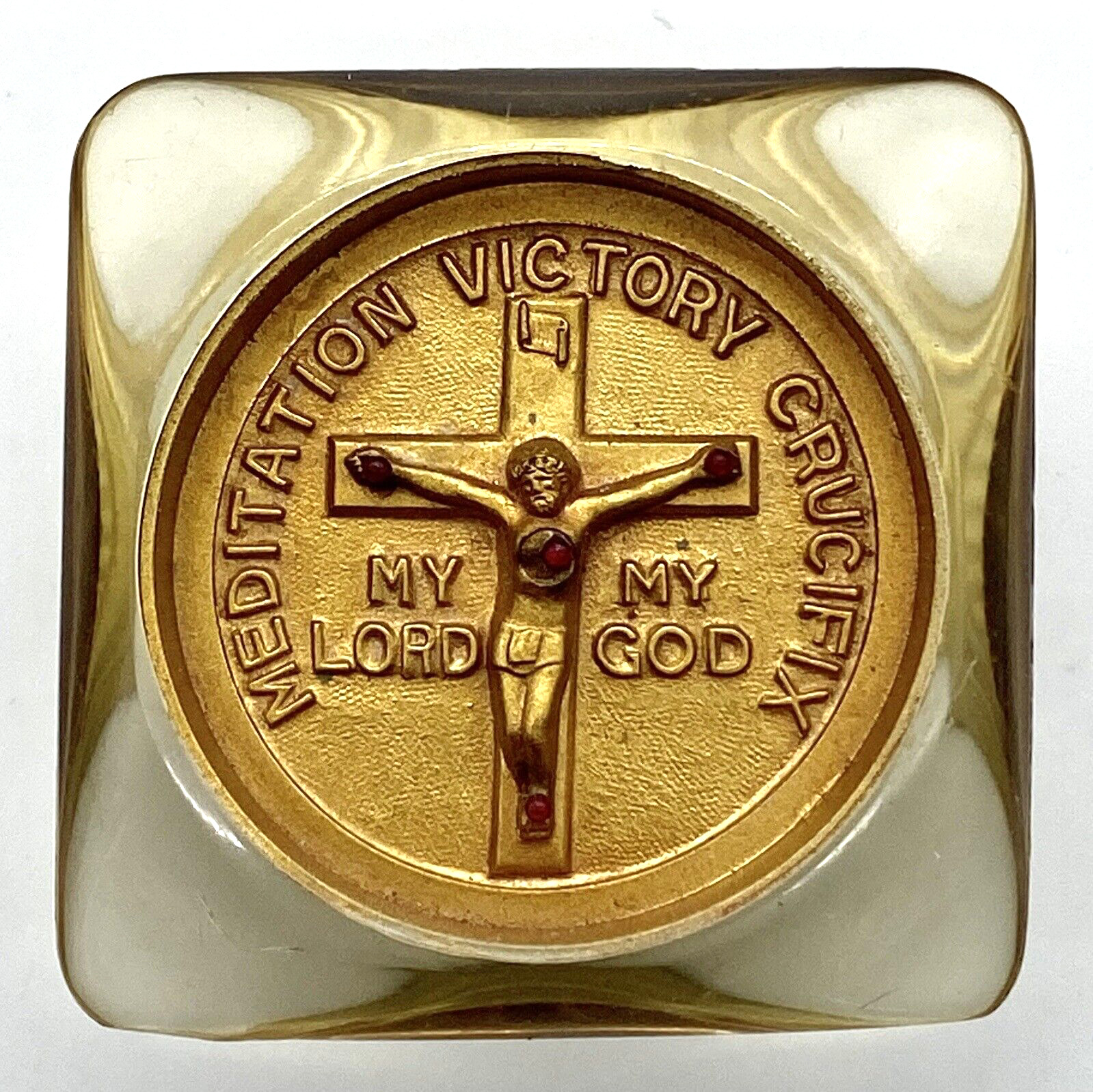 Vintage Meditation Victory Crucifix Pocket Token My Lord My God Gold Clear Resin