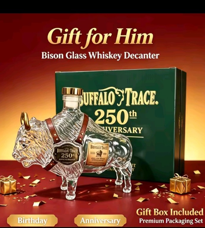 Bison Shaped Glass Whiskey Decanter Golden Cap Animal Liquor Bottle, 250 Year.WW
