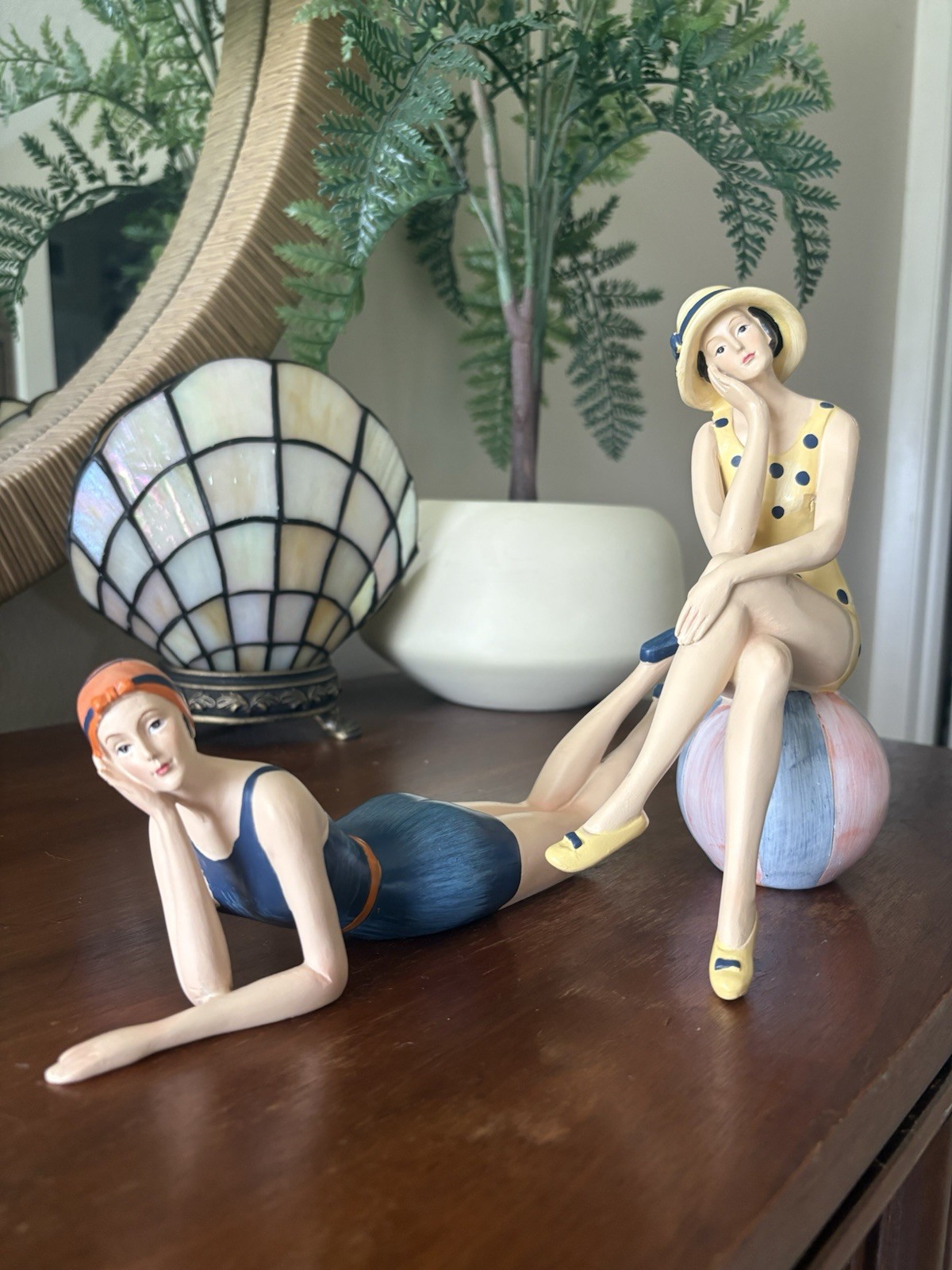 Vintage Art Deco Style Bathing Beauty Swimmer Figurines Pair Resin Beach Decor