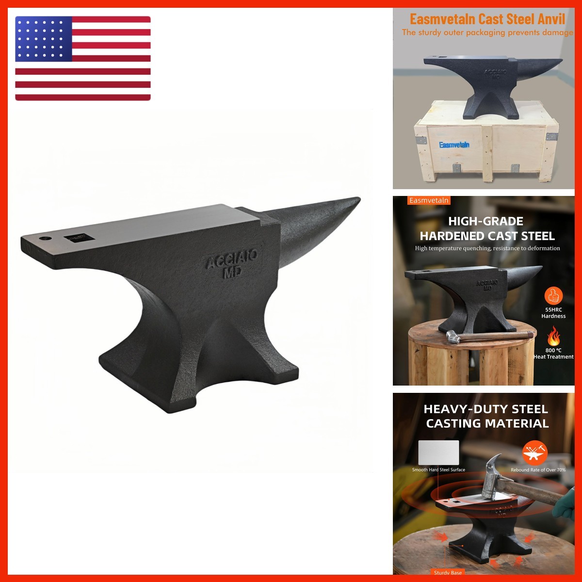 Easmvetaln 110Lbs Cast Steel Anvil,Single Horn Anvil,High Hardness Round Horn