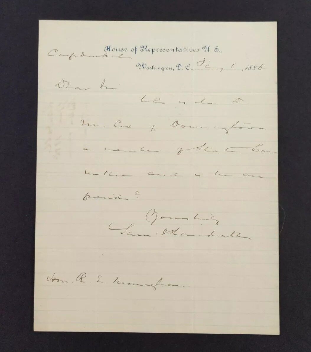 1886 House of Representatives Letterhead Signed by Speaker Samuel J Randall 