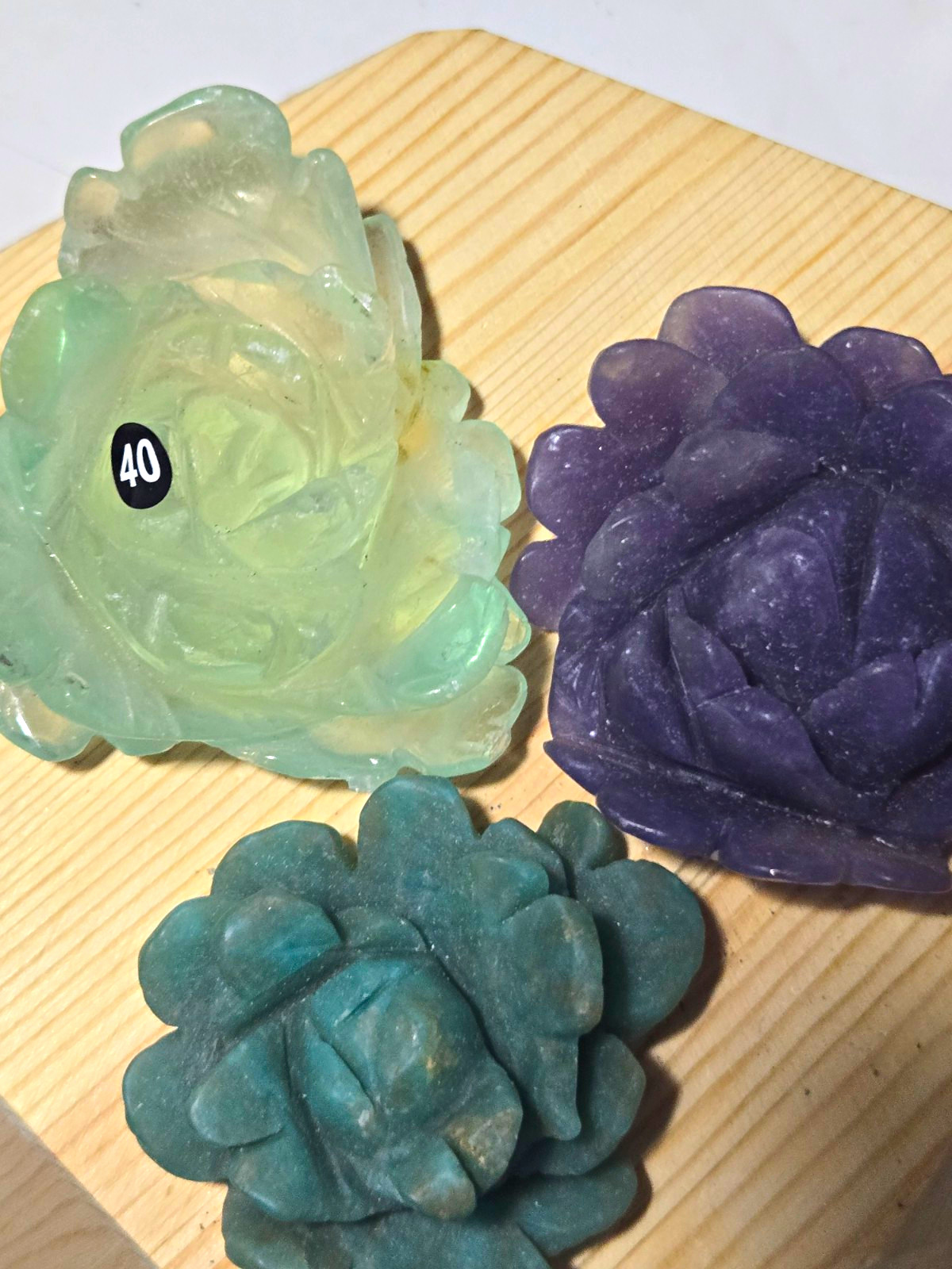 Lot of 3 Carved Stone/Crystal Rose Flower Figurines Green Purple Teal Glow BL40
