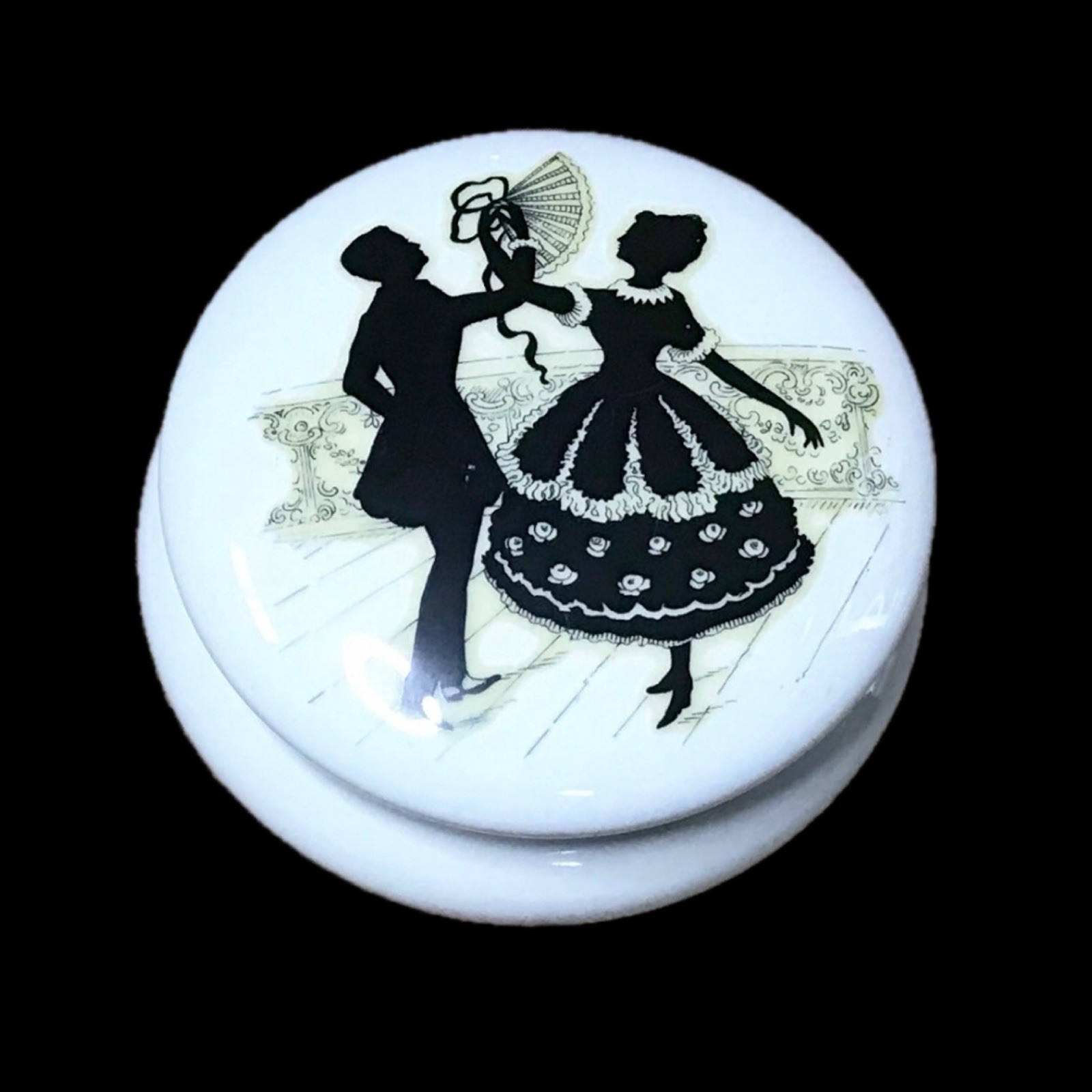 Vintage Courting Couple Silhouette Vanity Dish Trinket Box White Black France