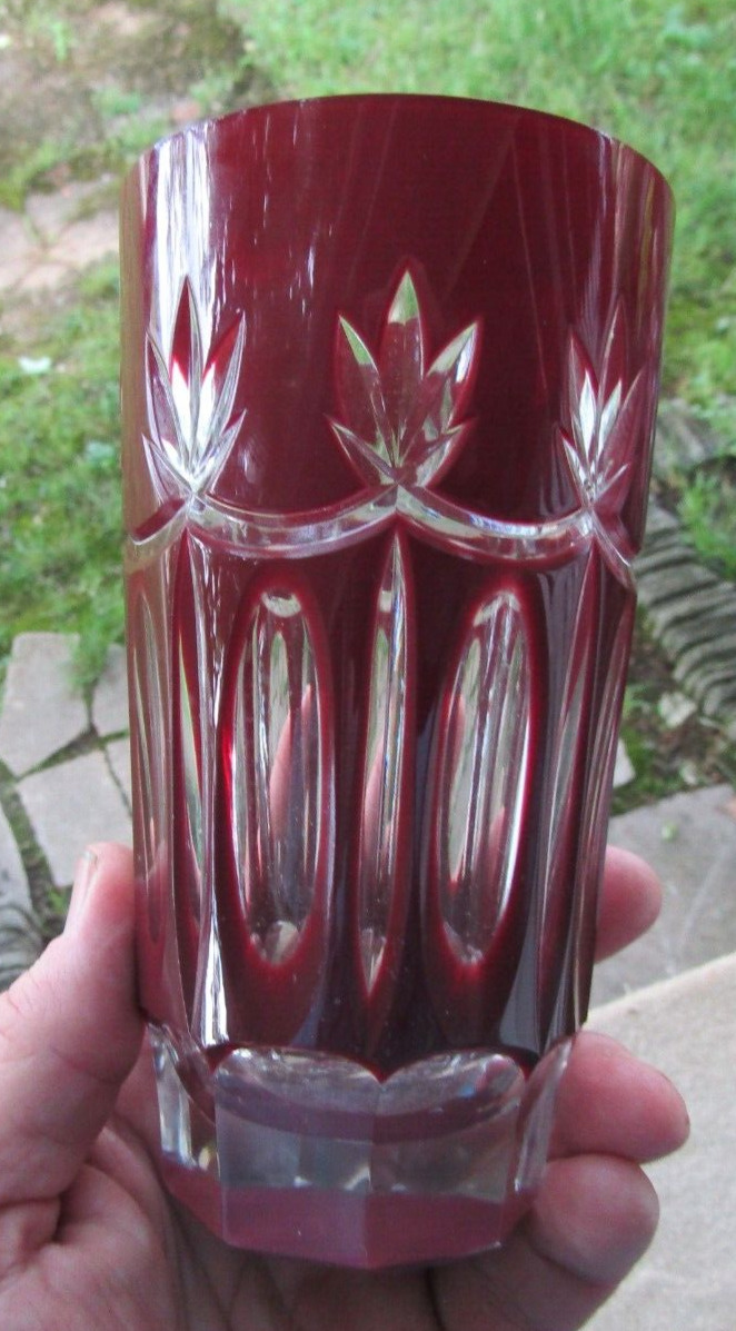 Antique Bohemian Dark Ruby Red Cut To Clear Glass Vase 5.75\