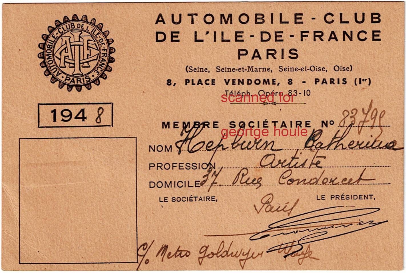 KATHARINE HEPBURN - AUTOMOBILE CLUB - PARIS + PASSPORT PHOTO - SPENCER TRACY