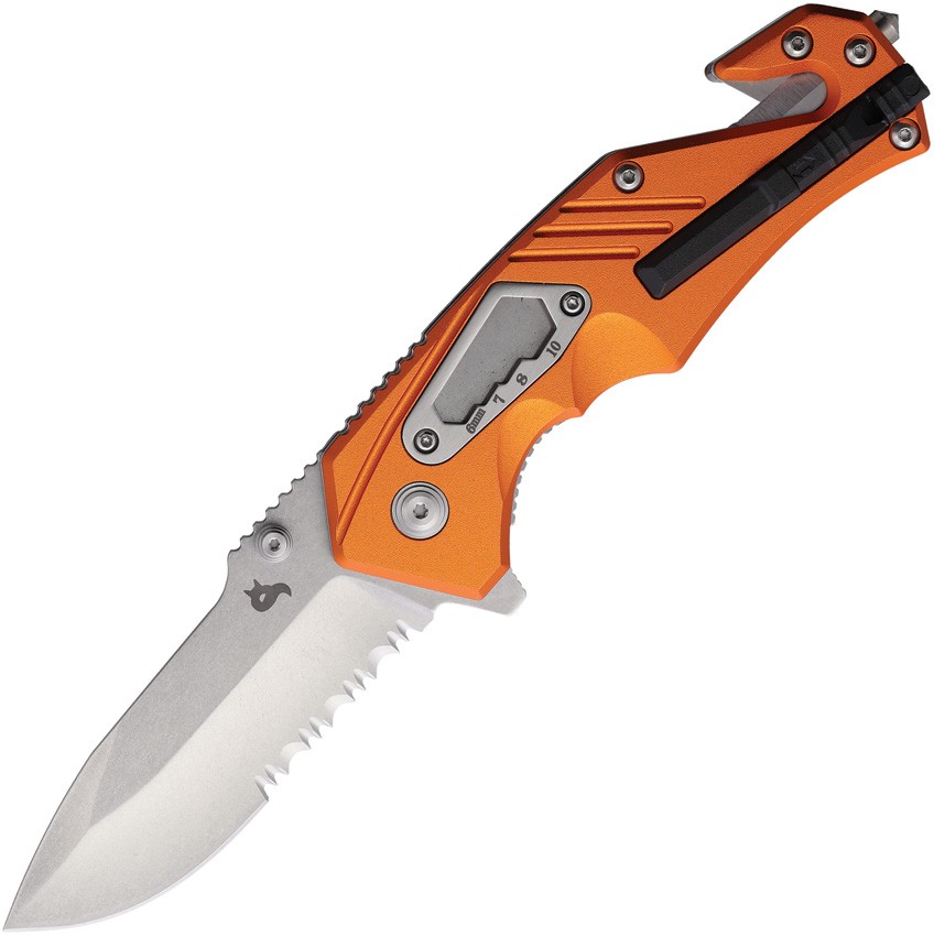 Black Fox Demand Rescue Linerlock Orange Aluminum Folding Serrated Knife 784OR