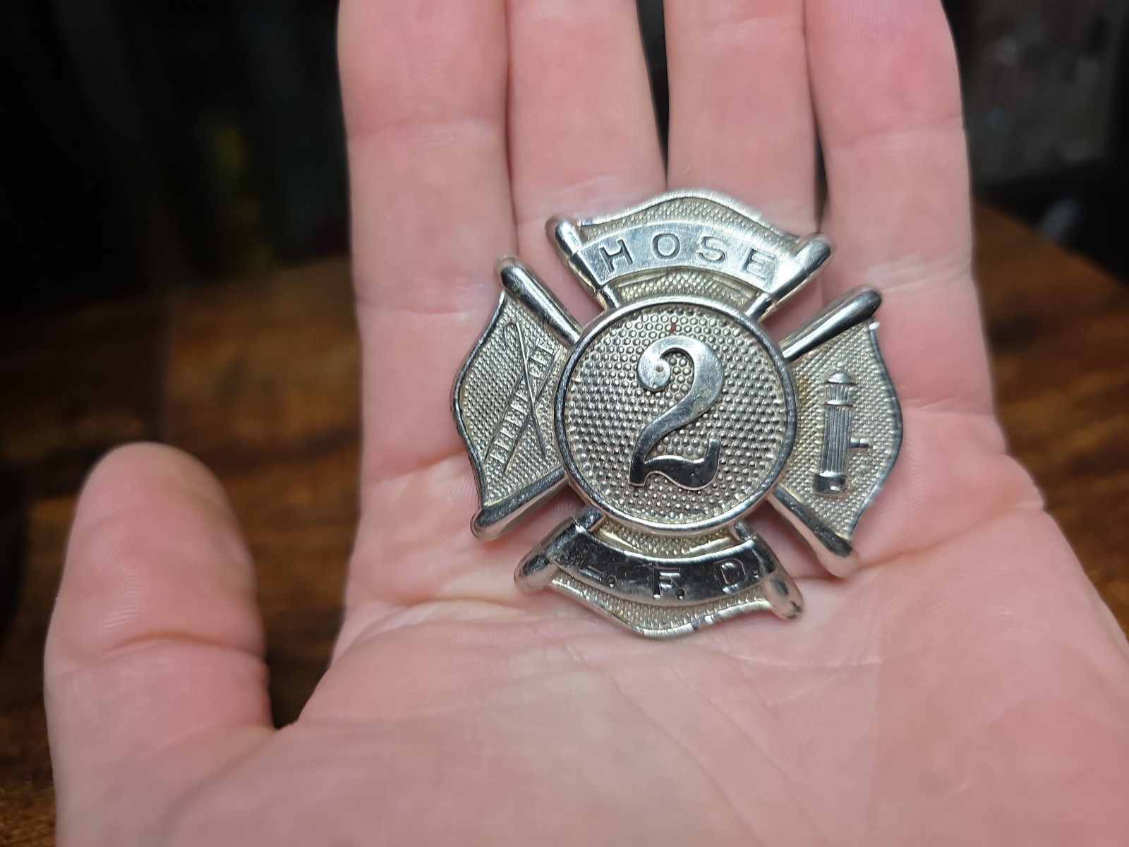 Vintage L. F. D. Fire Department Metal Hat Badge.  \