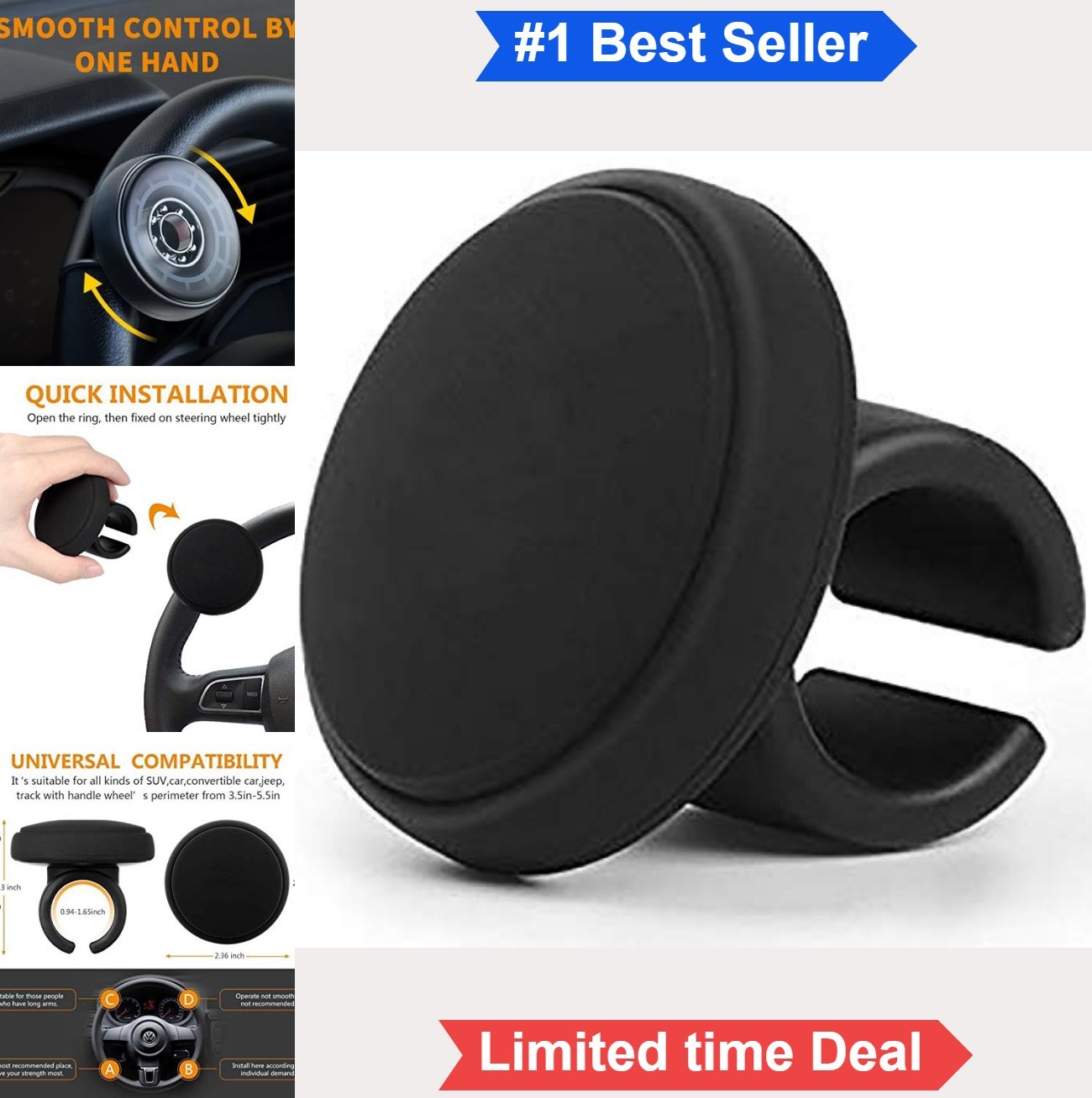 Steering Wheel Spinner Knob No Tool Required Silicone Covered ABS Metal C Ring
