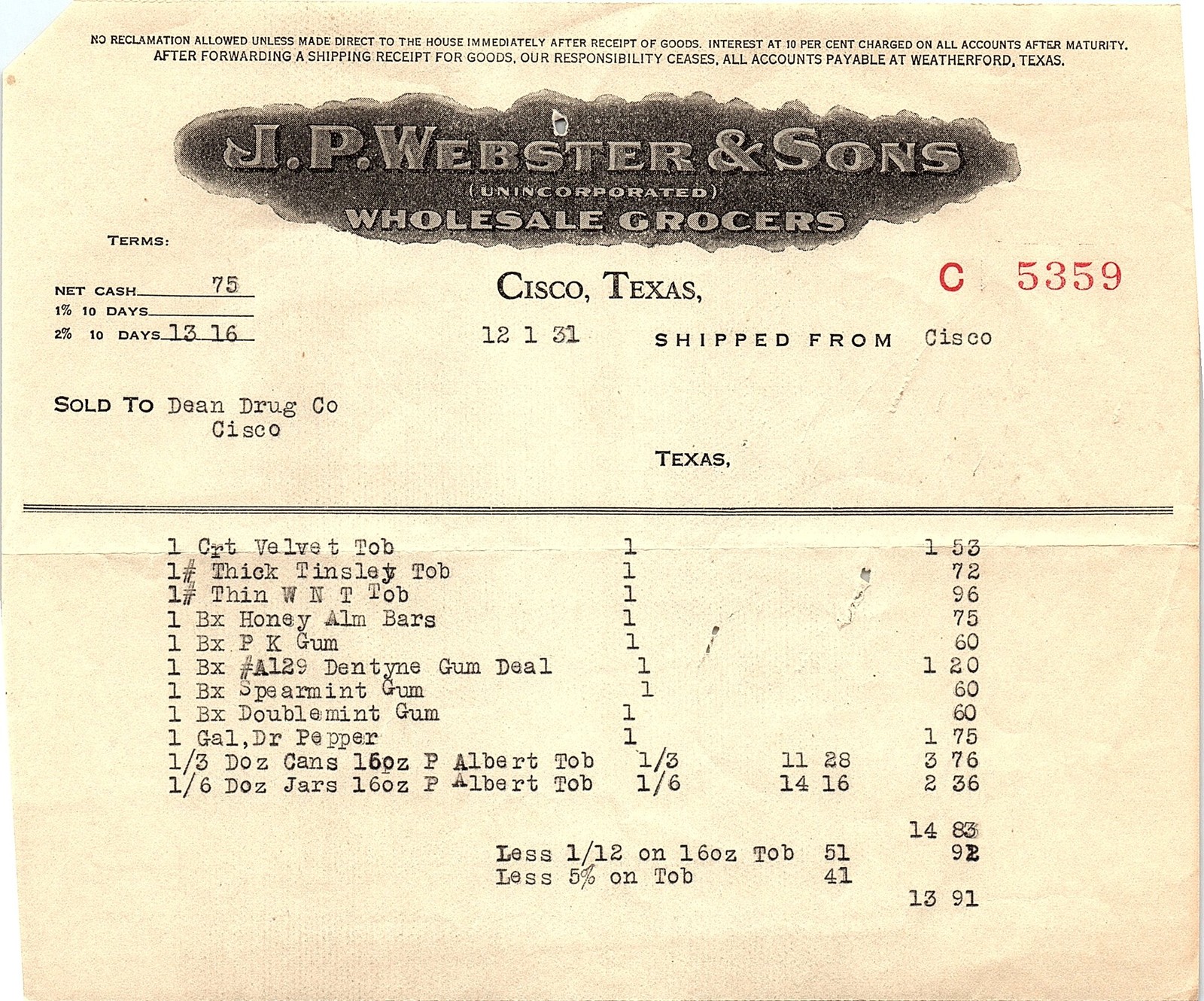 1931 J.P. Webster & Sons Cisco TX Wholesale Grocers Billhead