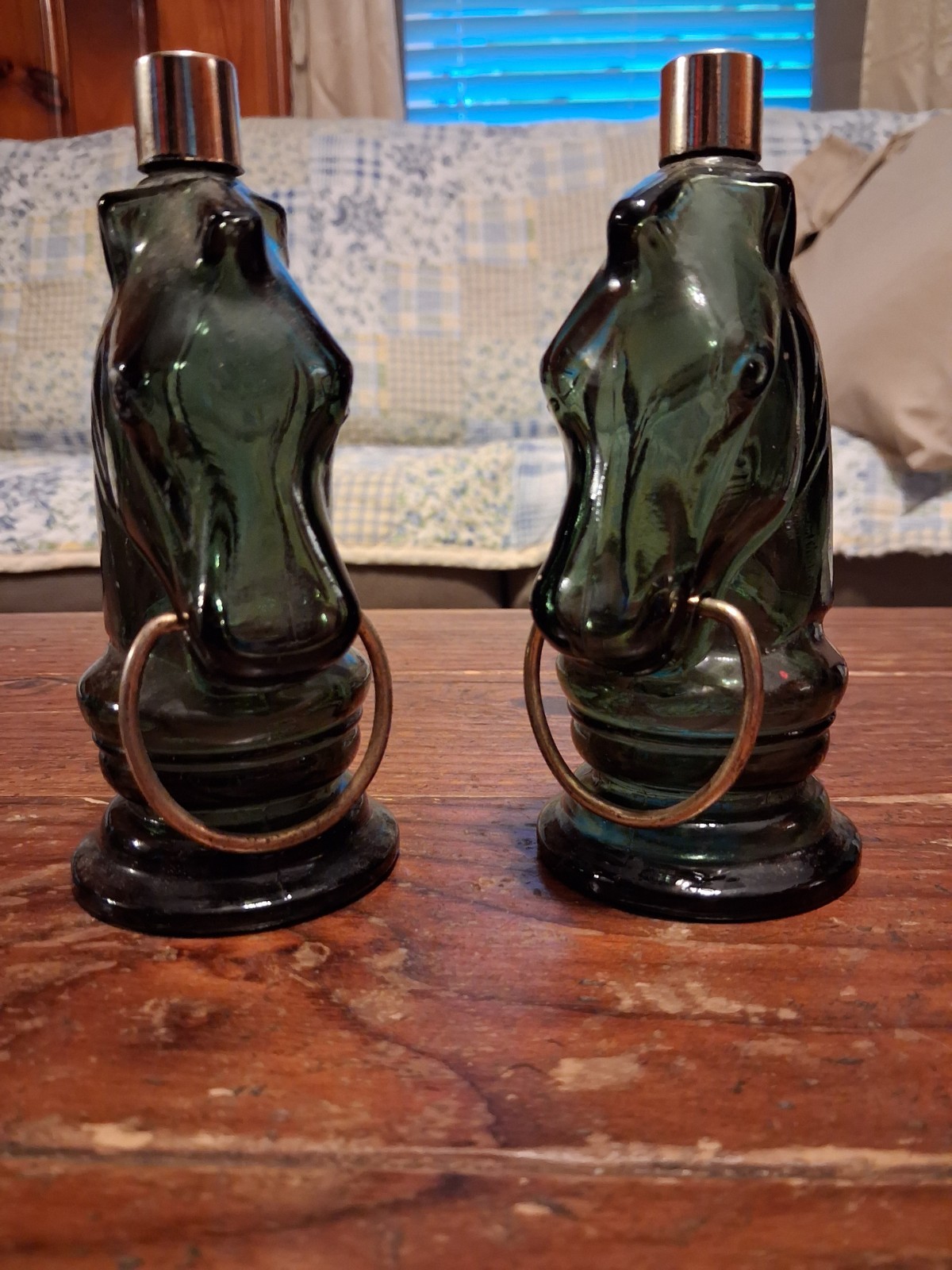 2 vintage 1970s Avon green glass horse head bottles \