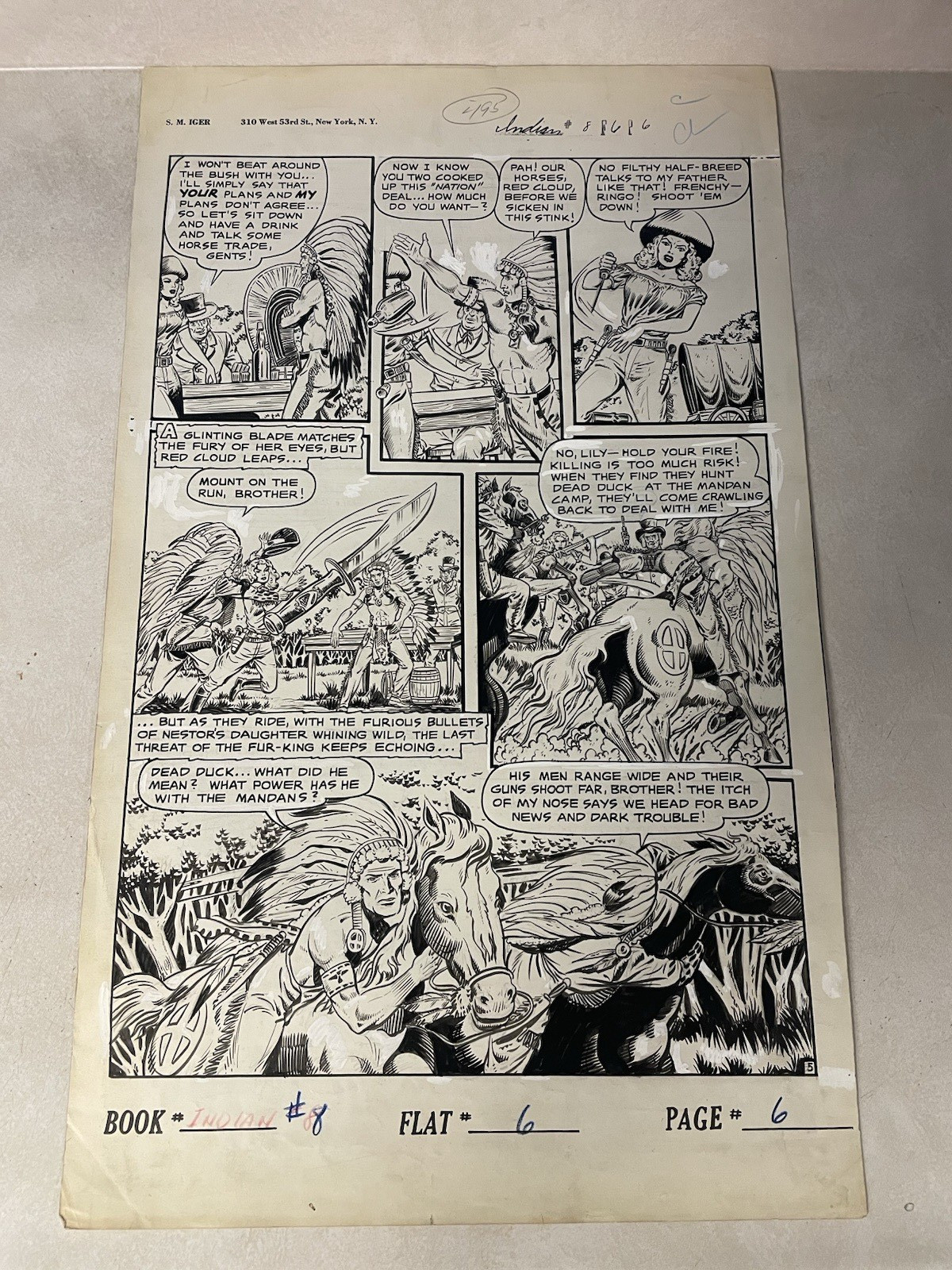 INDIANS #8 original comic book art 1951 STUNNING LILY THROWS KNIFE Fiction House