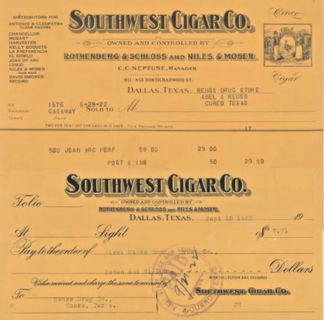 1922 Dallas Texas SOUTHWEST CIGAR TOBACCO Billhead & BANK CHECK draft C. NEPTUNE