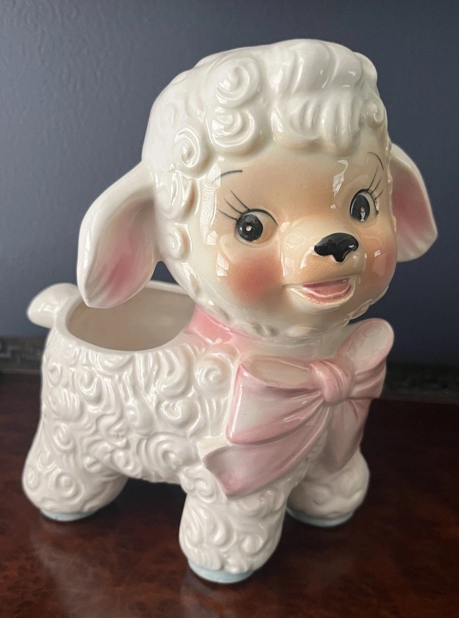 Vintage Neidco Anthropomorphic Lamb Planter Nursery Pink Bow Japan Kitsch Decor