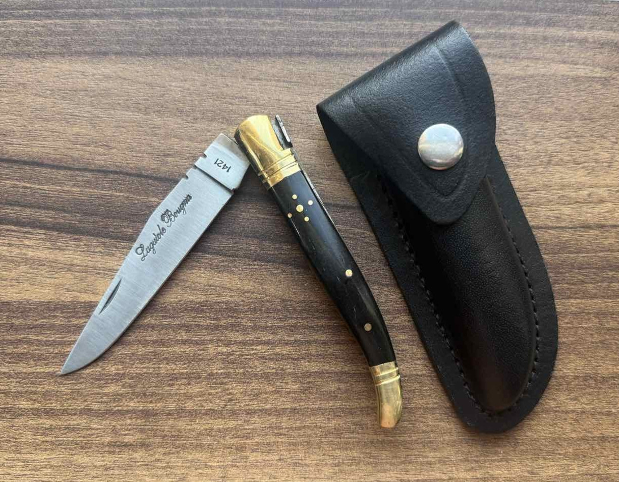 Vintage Laquiole Pocket Knife Blade Antler Wood Handle Sheath Men's Rare Old.