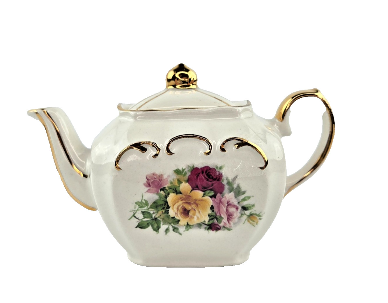 Sadler England Miniature Cubed Teapot White Ceramic Roses Gold Trim 2.75\