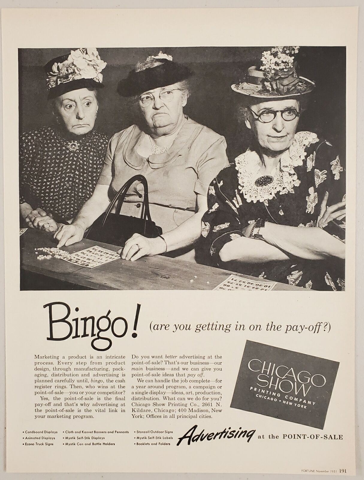 1951 Print Ad Chicago Show Printing Company Advertising Grouchy Bingo Ladies
