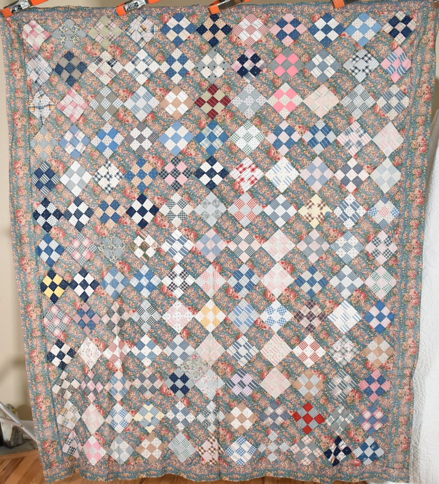 GORGEOUS 1910\'s Nine Patch on Point Antique Quilt Top ~Beautiful Vintage Fabrics