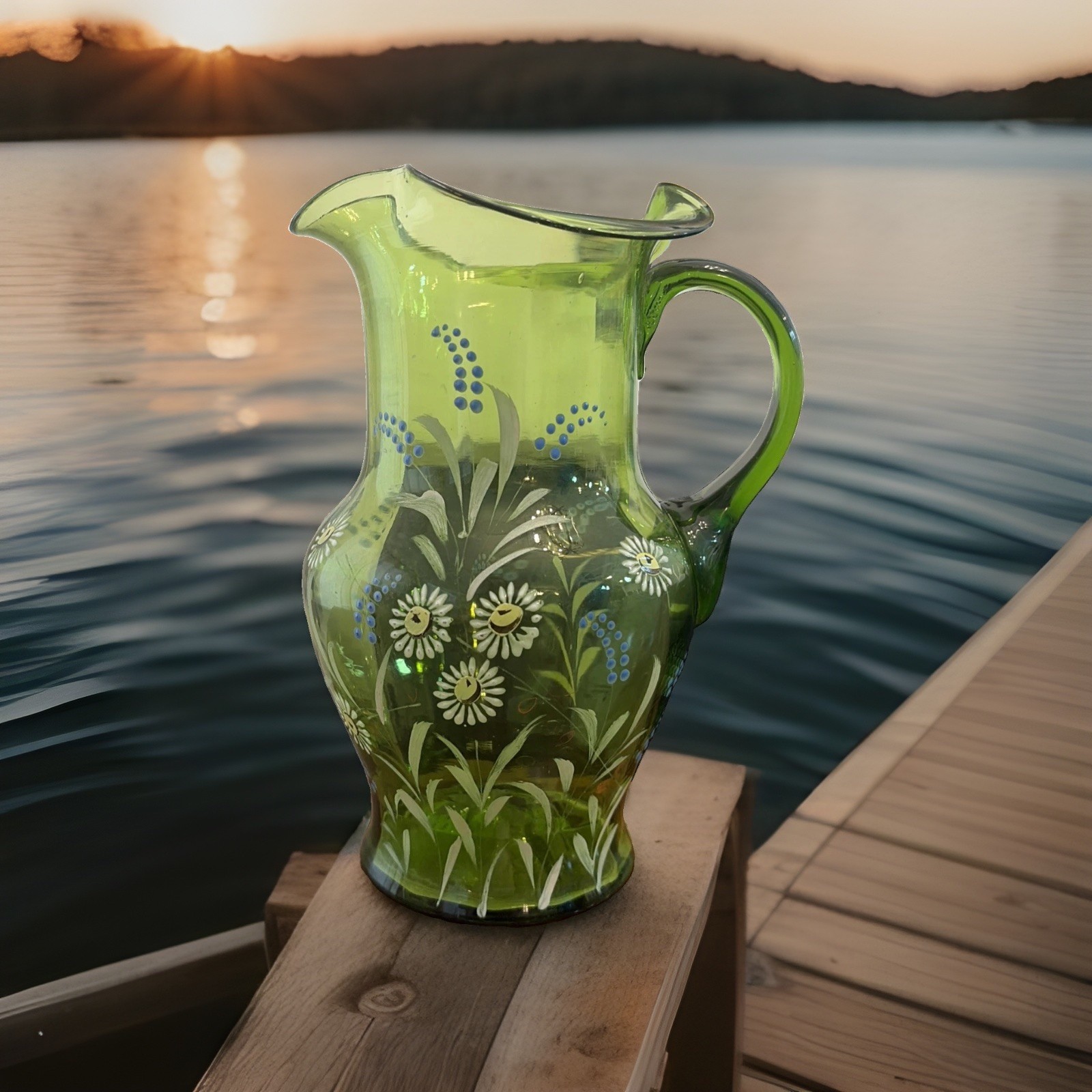 Antique Hand Blown Green Glass Victorian Enameled Hand Painted Florals Lg.Pontil Antique Hand Blown Green Glass Victorian Enameled Hand Painted Florals Lg.Pontil