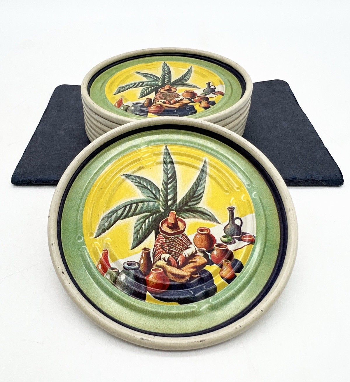 Vintage 60s Hippie Metal Drink Coasters Marijuana Leaf Boho 3.25” Set Of 8