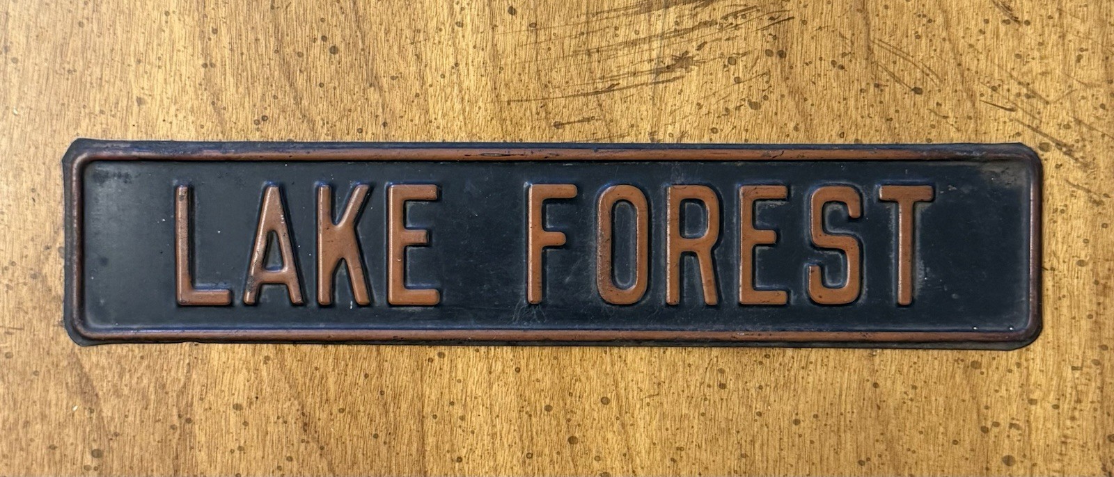 VINTAGE Lake Forest, Illinois Pressed Metal Sign Black Orange