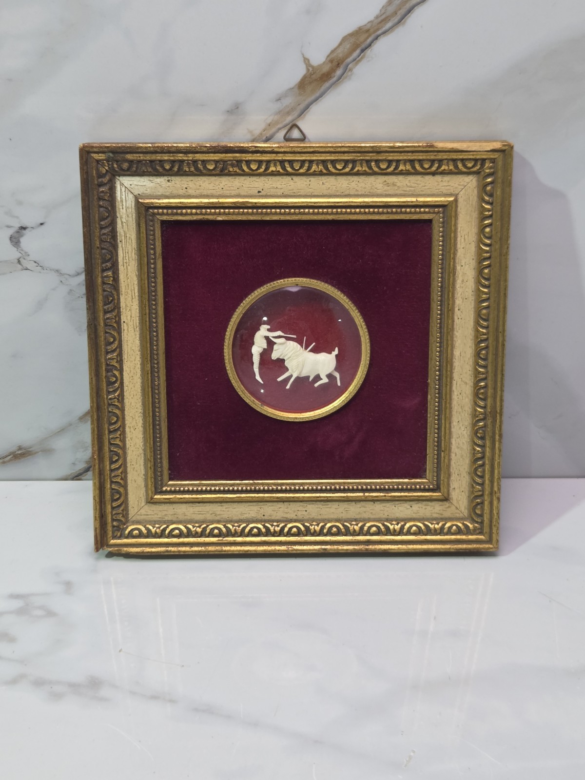 Vintage Hand Carved Matador Bull Framed Glass Convex 3D Red Velvet Bull Fighter