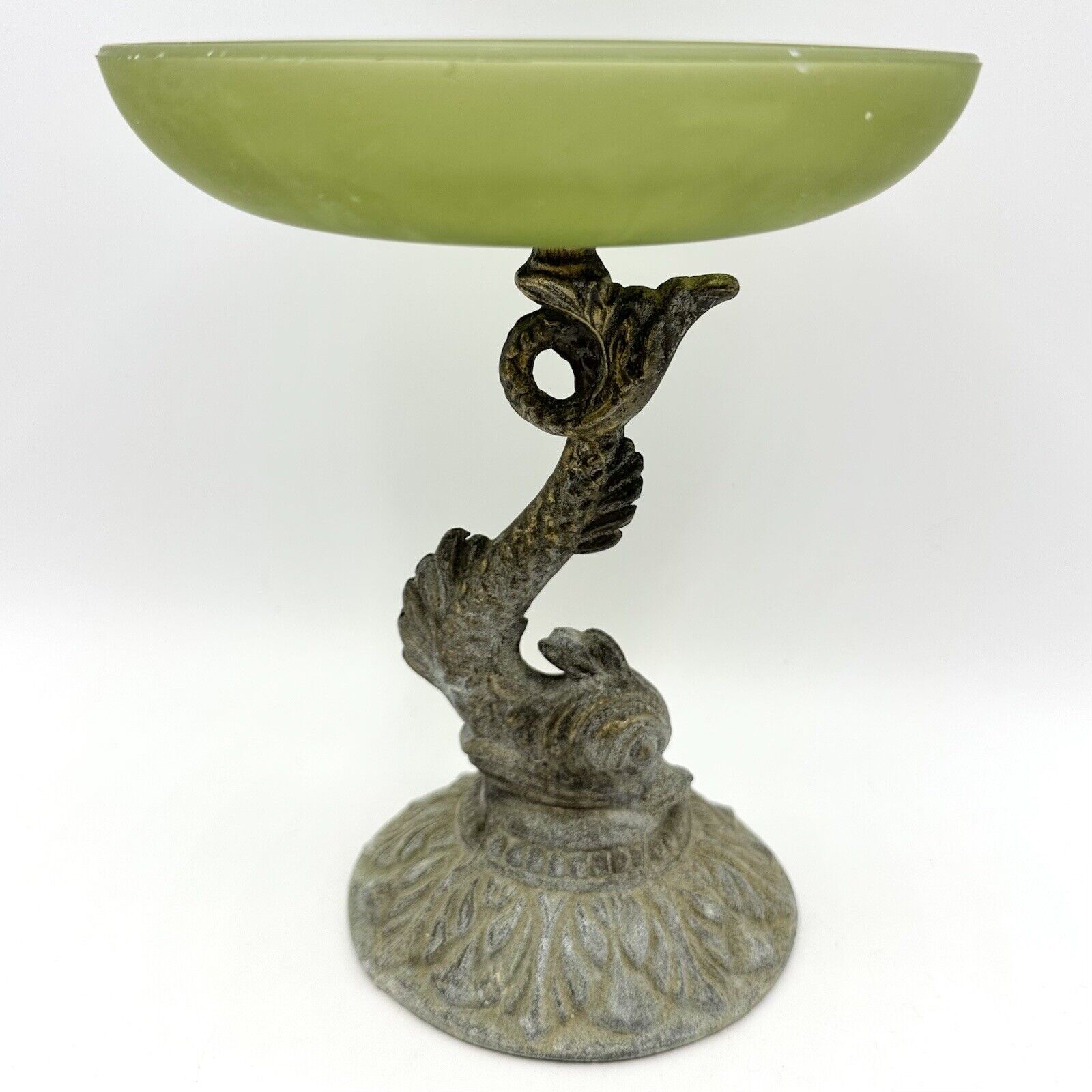 Vintage Metal Koi Fish Dolphin Pedestal Dish Frosted Green Glass Compote Patina